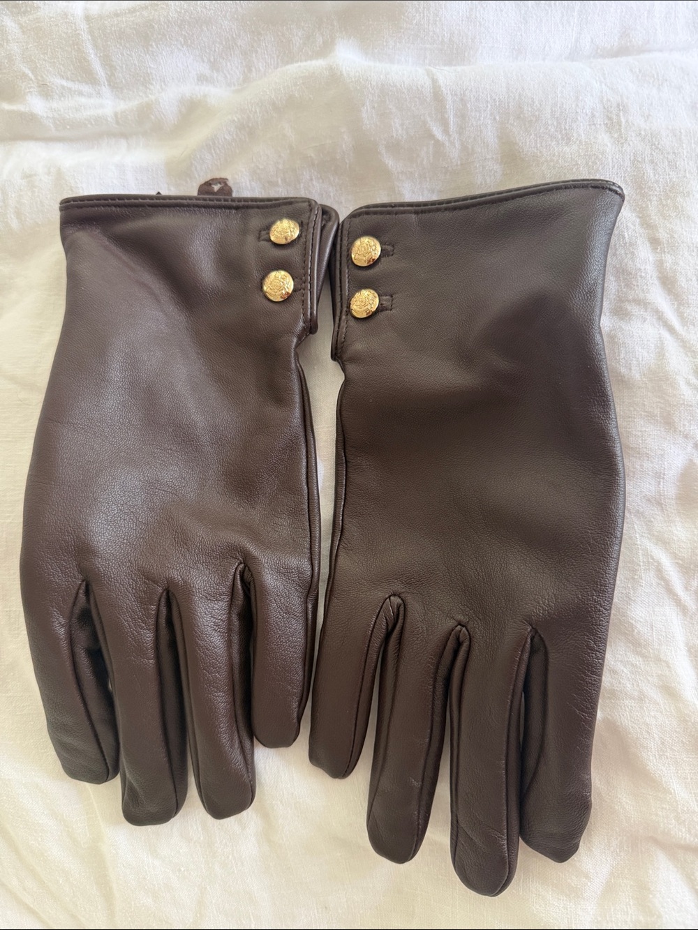 Lauren Brown Leather Gloves with Gold Button Accents